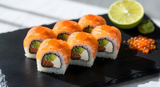Salmon maki rolls with lime and ginger