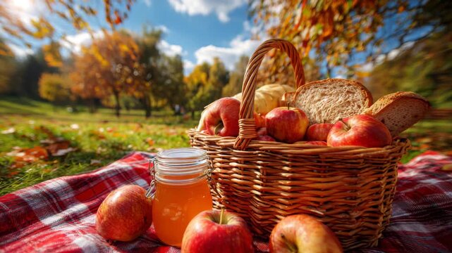 Autumn Picnic with Apples and Basket in Park