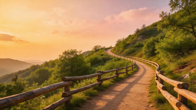 Winding path with wooden fence at sunset