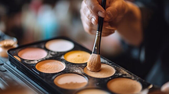 Hand holding a makeup brush poised over a palette with colorful powders for beauty and cosmetic applications in soft lighting. Generative AI
