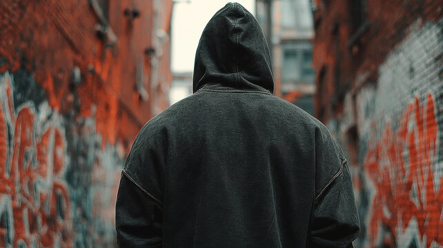 Suspicious young man in hoodie, a drug dealer, view from behind