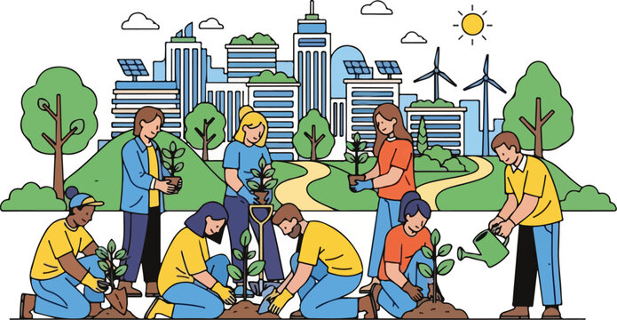 Illustration of a diverse group of people planting trees in an urban environment, symbolizing eco-friendly city development and sustainability