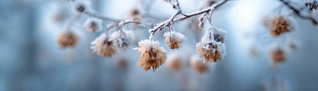 Delicate frost crystals adorn the seed heads of a plant on a cold winter day.