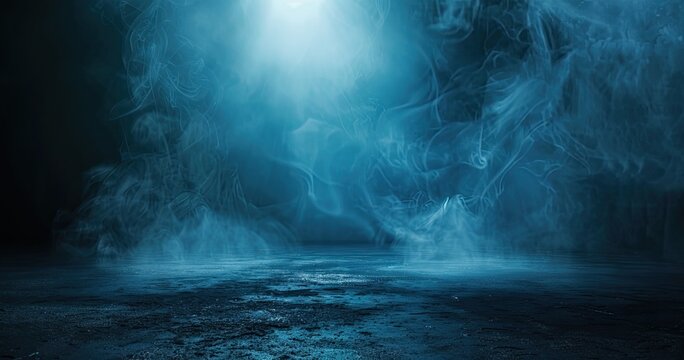 A misty, blue-hued environment with swirling smoke and light effects.