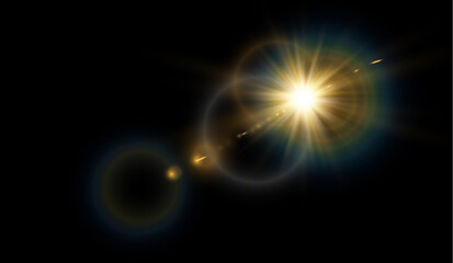 Fototapeta premium Solar burst and lens flare effects on black background. Realistic 3D illustration. 