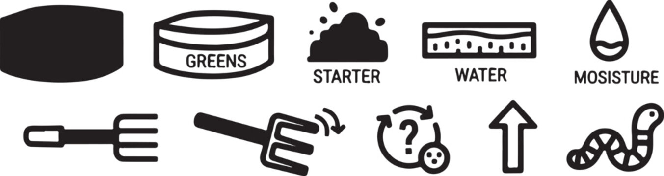 Flat icon set for composting process materials and tools Vector