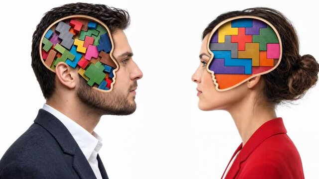 Conceptual image of diverse male and female minds filled with colorful puzzle pieces, symbolizing complex thought and problem-solving.