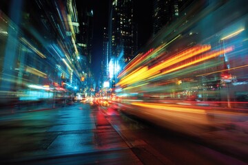 Obraz premium A long exposure photograph captures the vibrant energy of a city street at night, showcasing blurred lights and motion.