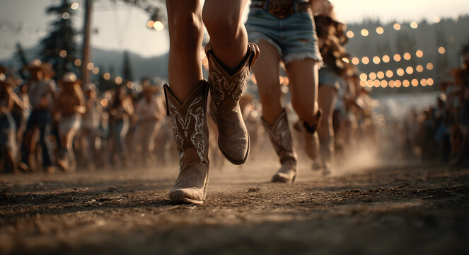 A group of women wearing cowboy boots are line dancing at a country music festival. This is an outdoor event focused on western culture and recreation.