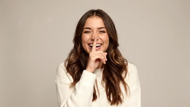 Woman smiling widely while holding finger up to her lips and indicating a secret in a studio setting