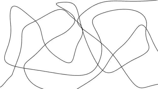 Abstract animation of tangled black curved lines moving organically on bright background. Chaotic scribble doodle motion graphic. Great for art, creativity, chaos, complexity, or overlay background.