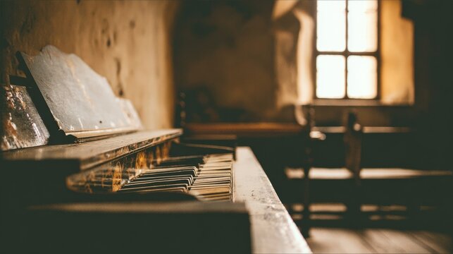 harpsichord. Quiet room in an old castle at dusk, a dusty harpsichord in warm fading light. travel magazines, destination branding, designed for travel destination branding, used by brand managers.
