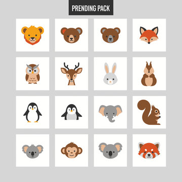 Cute Animal Faces Collection: Cartoon Style Icons for Kids and Wildlife Themes
