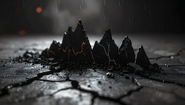 A close-up shot of a cracked surface, with a dramatic, almost otherworldly atmosphere. The surface is textured with fractures, dark and intriguing. The details create a sense of rawness and age. 