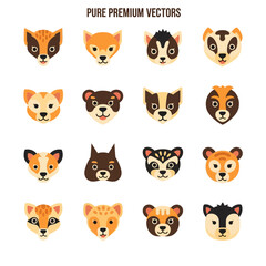 Fototapeta premium Cute Cartoon Animal Faces Collection - Fox, Badger, Weasel, Ferret, Raccoon Icons