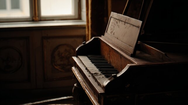 harpsichord. Quiet room in an old castle at dusk, a dusty harpsichord in warm fading light. travel magazines, destination branding, designed for travel destination branding, used by brand managers.
