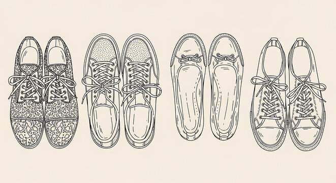 Various types of shoes are displayed from a top-down perspective in a drawing