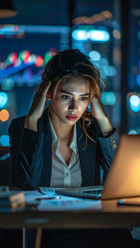 A businesswoman stressed in the office working late at night, with a serious face and laptop