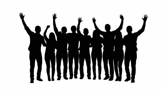 Silhouette of group of people with arms raised