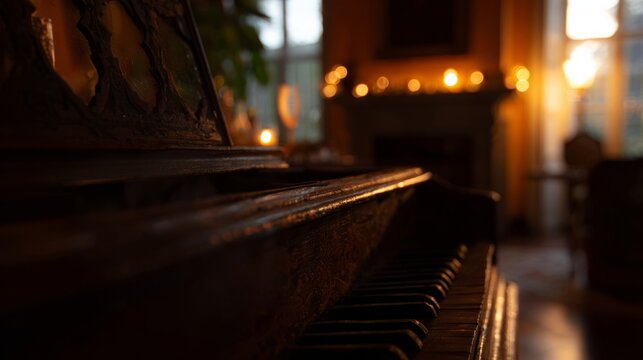 harpsichord. Quiet room in an old castle at dusk, a dusty harpsichord in warm fading light. travel magazines, destination branding, designed for travel destination branding, used by brand managers.
