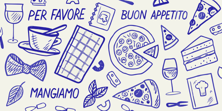 hand drawn illustration of italian food items in blue ink high quality professional detailed modern