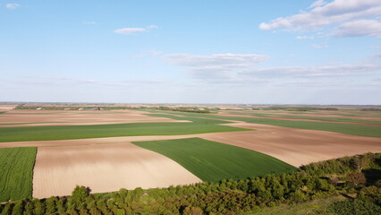 Fototapeta premium Aerial Drone View of Patchwork Agricultural Fields and Farmland Landscape in Spring