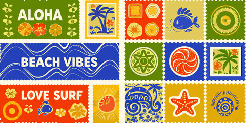 tropical themed stamps with vibrant colors and beach motifs high quality professional detailed modern elegant © Asit