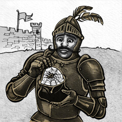 Fototapeta premium Hand Painted Watercolor Medieval Knight Eating a Traditional Pie, Humorous Historical Fantasy Illustration