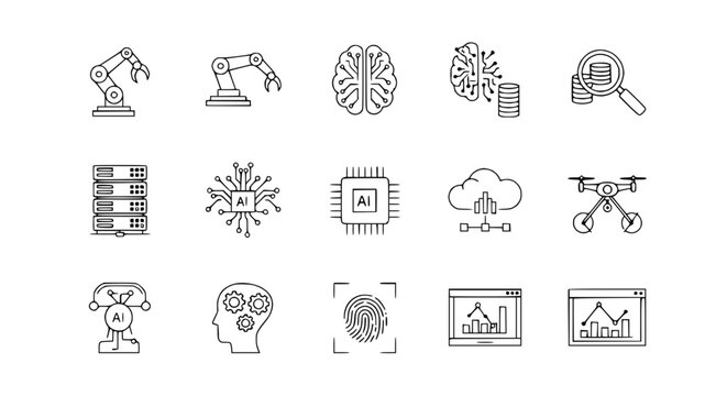 Artificial Intelligence Icons: Robotics, Brain, Data, Cloud, Drone, AI Chip