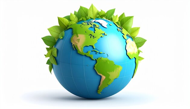 glossy 3d earth with green leaf crown on white background sustainability concept