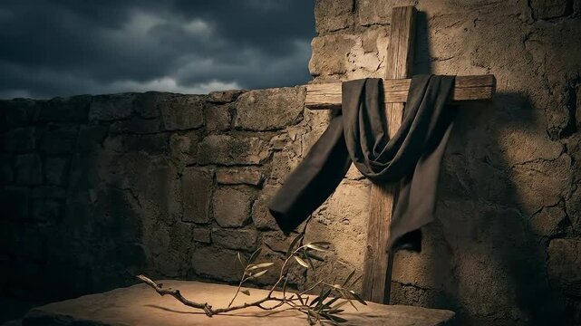 The death of Jesus Christ, a solemn crucifixion on Golgotha, conveying profound sacrifice, sorrow, and redemption under dark skies
