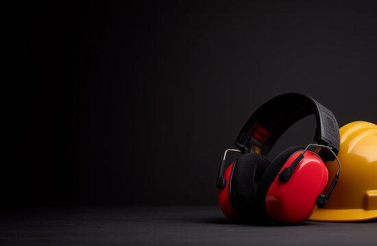 Industrial ear muffs and hard hat on a dark surface, workplace noise safety