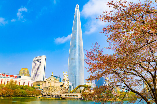 Lotte World Tower with cherry blossoms and Seokchon Lake under blue sky in Seoul Korea
