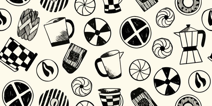 coffee themed pattern with hand drawn cups pots and beans on cream background high quality