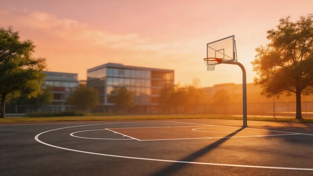 Basketball court at sunrise with buildings