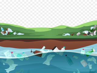 Obraz premium Environmental pollution. Pollution of water bodies with plastic waste. Vector hand-drawn illustration.