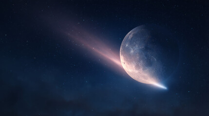 Obraz premium Celestial event comet passing by the moon night sky astrophotography cosmic environment wide-angle view