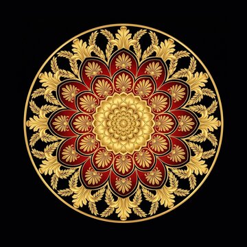 Golden, red, and black mandala design, intricate floral pattern, decorative element, ornate illustration