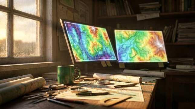 Cluttered cartographer workspace shows glowing dual monitors displaying vivid topographic maps beside green coffee mug and drafting tools.