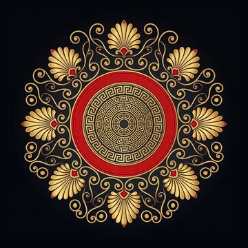 Golden Greek Key Mandala, Ornate Floral Pattern, Red and Gold Decorative Element, Luxury Vector Design