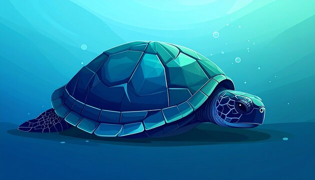 3d geometric sea turtle with glossy turquoise shell floating in ocean waters
