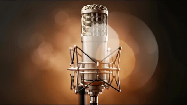 Professional condenser microphone in studio with bokeh background