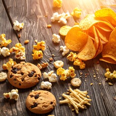 Fototapeta premium Assorted snacks on wooden table background.