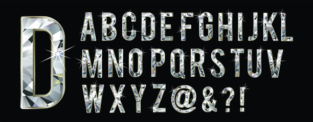 Diamond crystal alphabet font. Ornate jewelry art deco letters and numbers. Stock vector typography. a,b,c,d,e,f,g,h,i,j,k,lm,n,o,p,q,r,s,t,u,v,w,x,y,z  © Moscoo