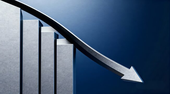 3D business bar chart with downward arrow showing economic recession and financial market loss