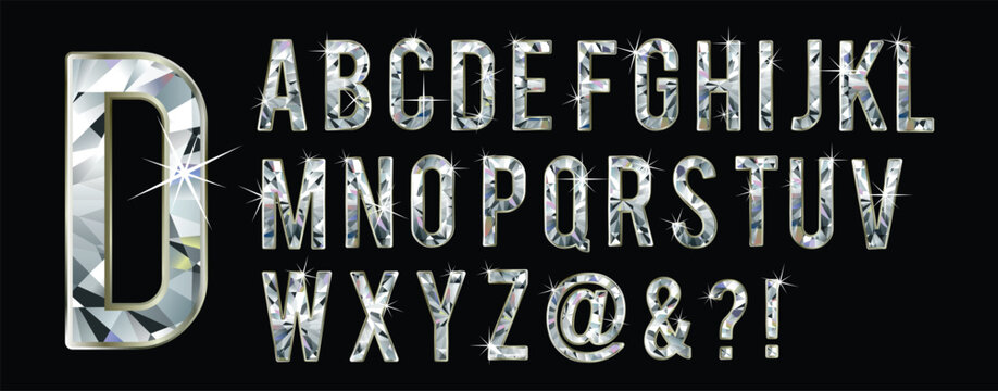 Diamond crystal alphabet font. Ornate jewelry art deco letters and numbers. Stock vector typography. a,b,c,d,e,f,g,h,i,j,k,lm,n,o,p,q,r,s,t,u,v,w,x,y,z

