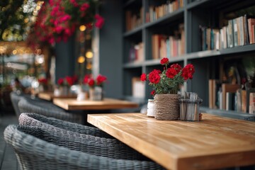 Fototapeta premium A warmly lit cafe interior showcases wooden tables adorned with vibrant red flowers and a bookshelf filled with books, creating a cozy and inviting atmosphere.