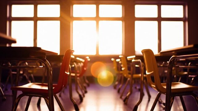 Empty classroom with rows of chairs and desks facing sunlit windows