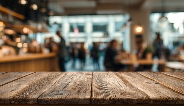 A wooden tabletop extends into a blurred cafe scene with people and a counter.