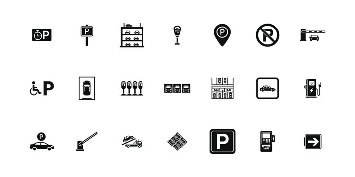 Parking icon set with car park signs and traffic symbols including handicap spots and electric vehicle charging stations and parking meters and barriers and garage maps and tow truck icons